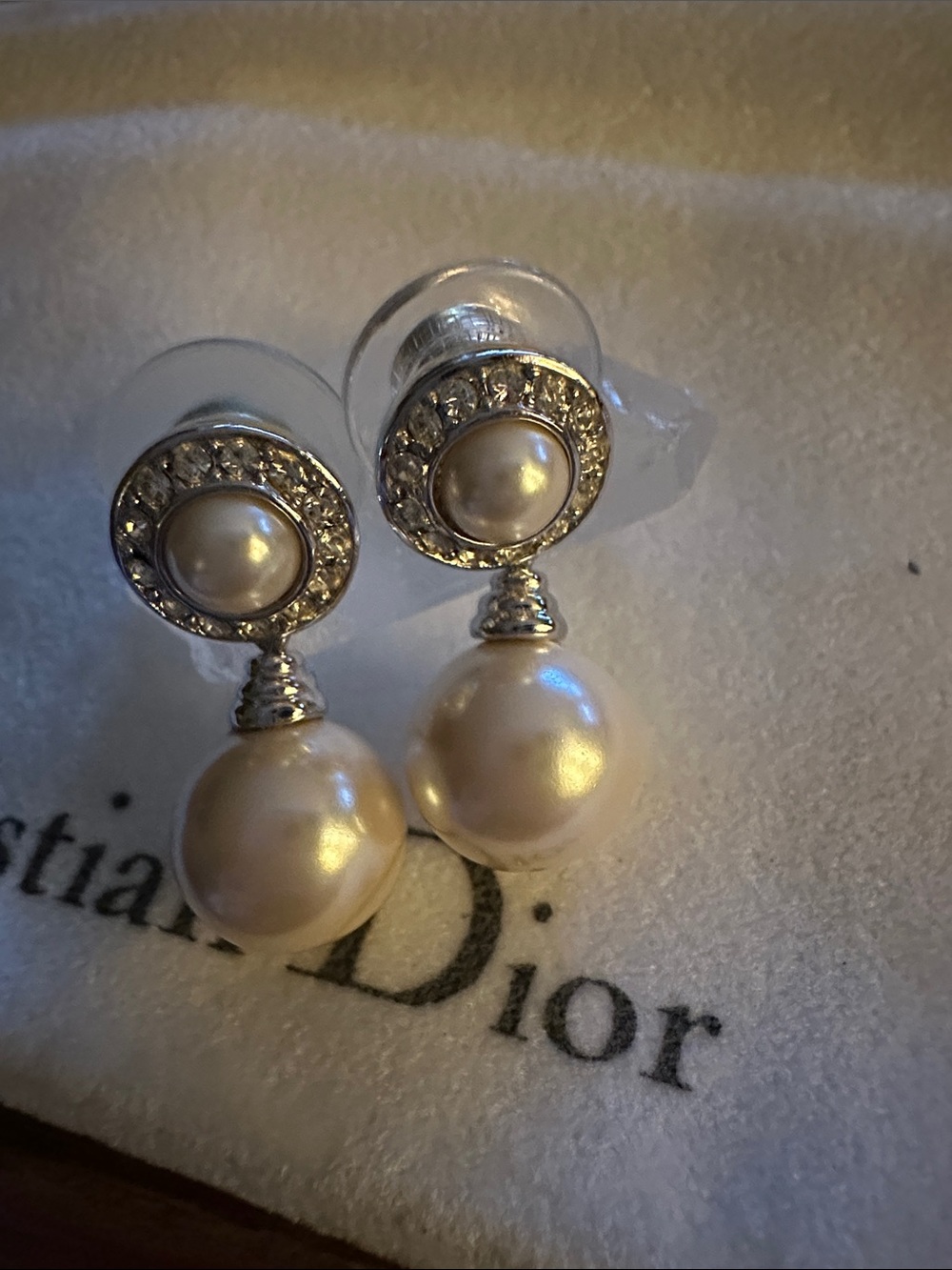 Christian Dior Vintage Rhodium Earrings with Ivory Pearls
